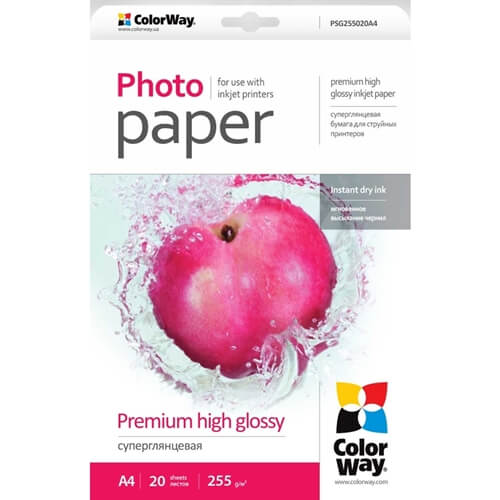 PSG255020A4 ColorWay фотобумага premium high glossy 255 г/м.кв,A4, 20 шт.